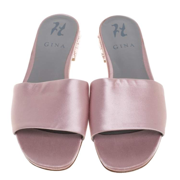 Pre Owned Gina Pink Satin Crystal Embellished Flat Slides Size 38