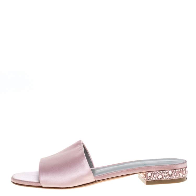 Pre Owned Gina Pink Satin Crystal Embellished Flat Slides Size 38
