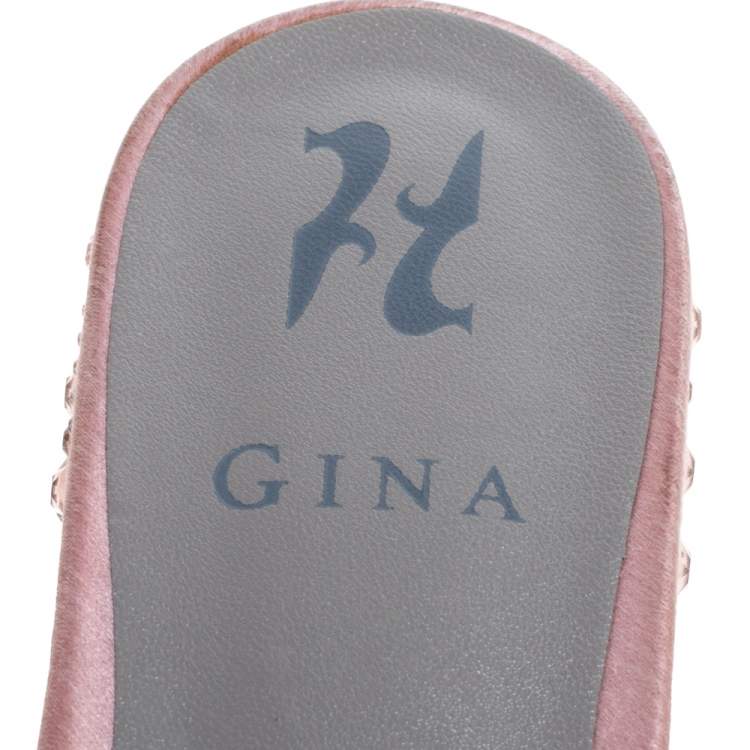 Pre Owned Gina Pink Satin Crystal Embellished Flat Slides Size 38