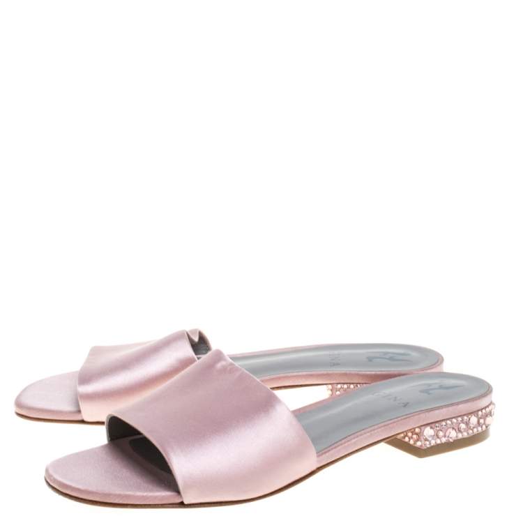 Pre Owned Gina Pink Satin Crystal Embellished Flat Slides Size 38