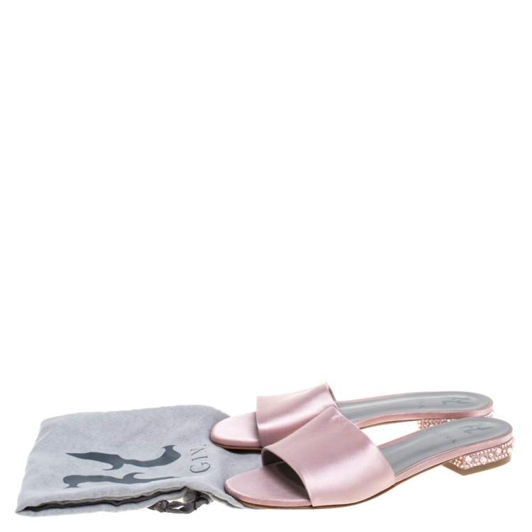 Pre Owned Gina Pink Satin Crystal Embellished Flat Slides Size 38