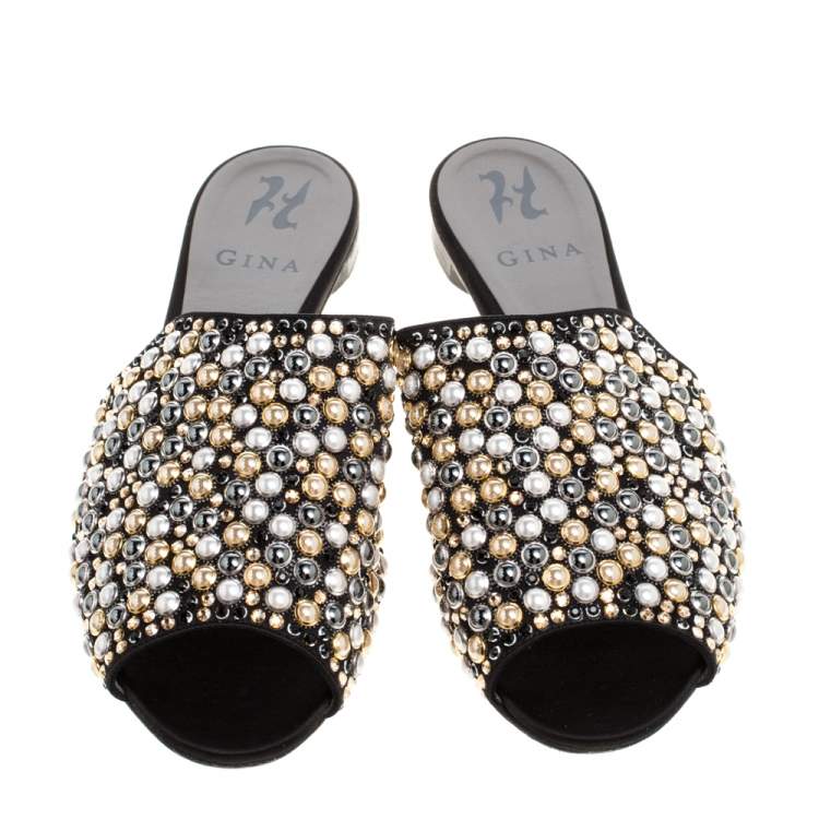 Pre Owned Gina Satin Crystal Embellished Flat Mules Size 39