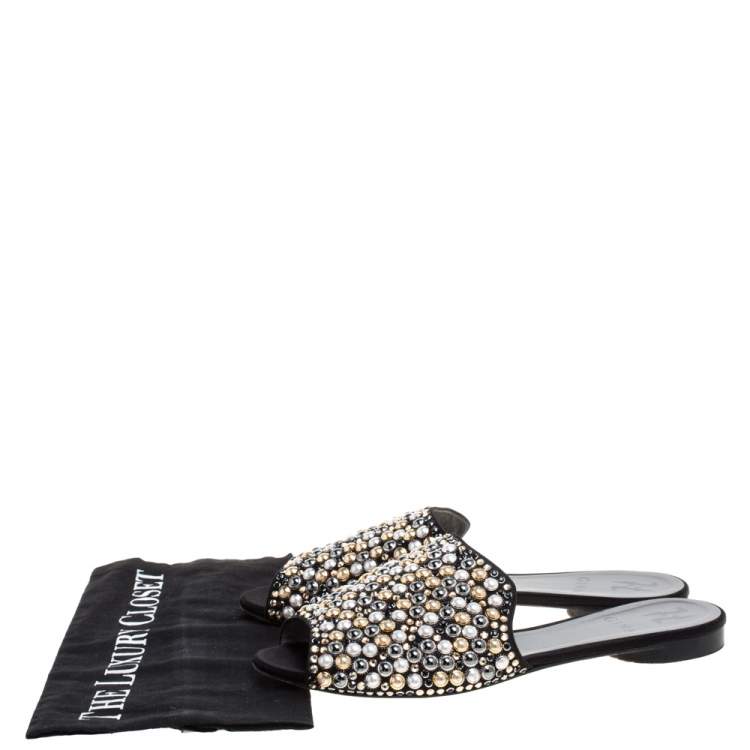 Pre Owned Gina Satin Crystal Embellished Flat Mules Size 39