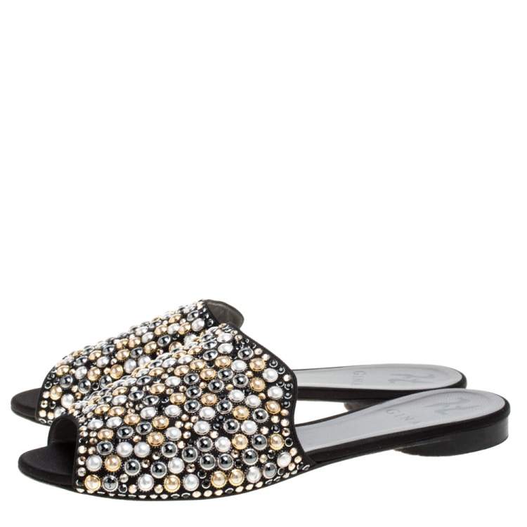 Pre Owned Gina Satin Crystal Embellished Flat Mules Size 39