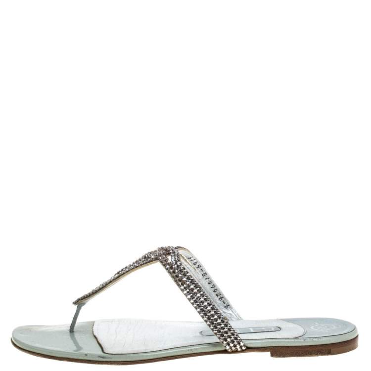 Pre Owned Gina Metallic Silver Leather Crystal Embellished Flat Slides Size 39