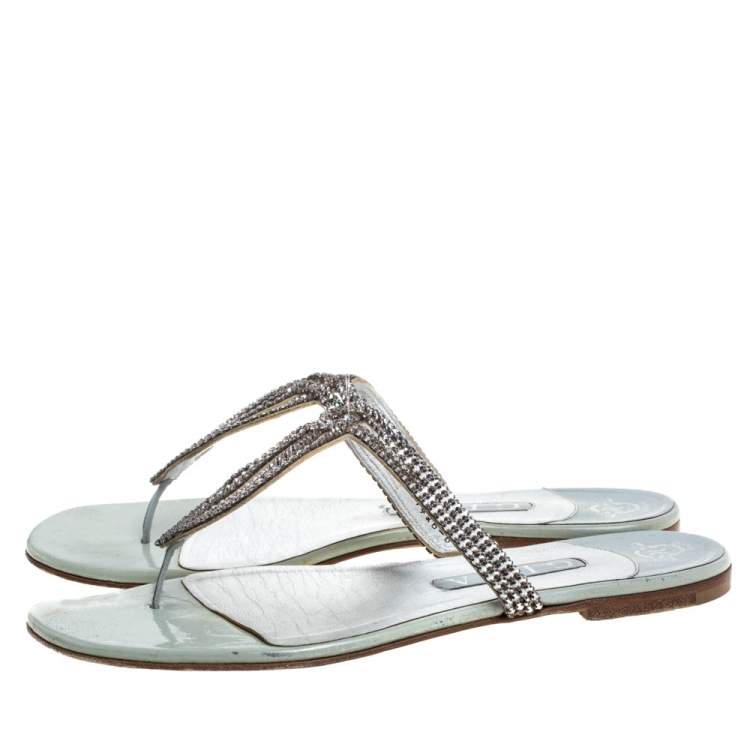 Pre Owned Gina Metallic Silver Leather Crystal Embellished Flat Slides Size 39