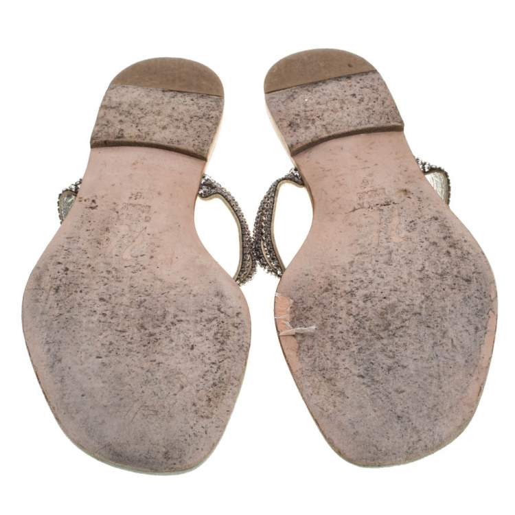 Pre Owned Gina Metallic Silver Leather Crystal Embellished Flat Slides Size 39