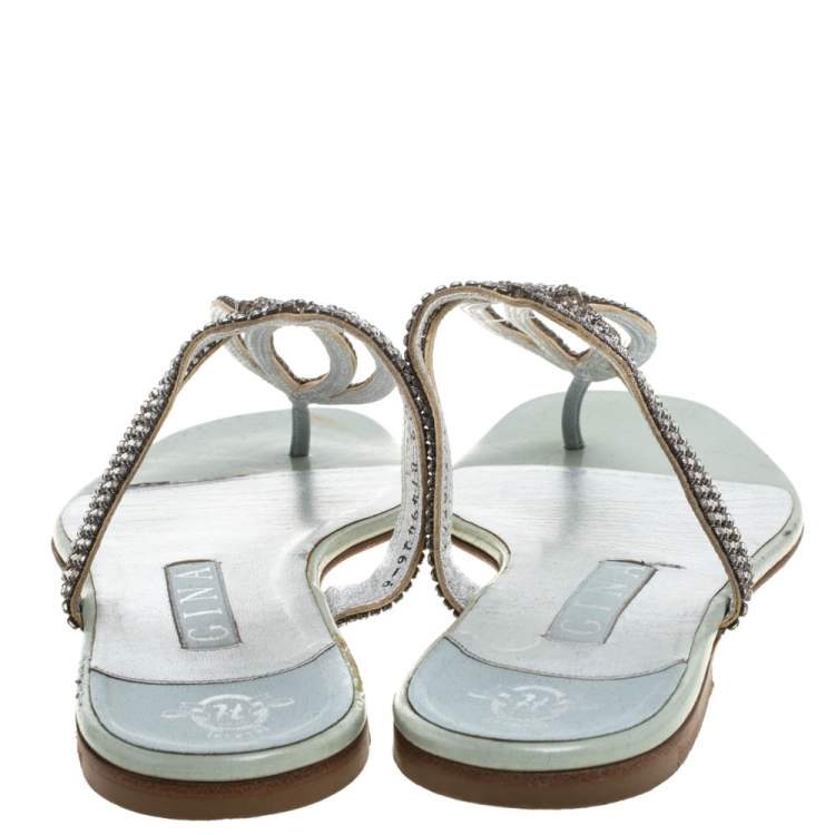 Pre Owned Gina Metallic Silver Leather Crystal Embellished Flat Slides Size 39