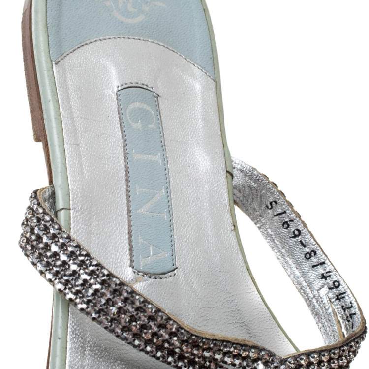 Pre Owned Gina Metallic Silver Leather Crystal Embellished Flat Slides Size 39