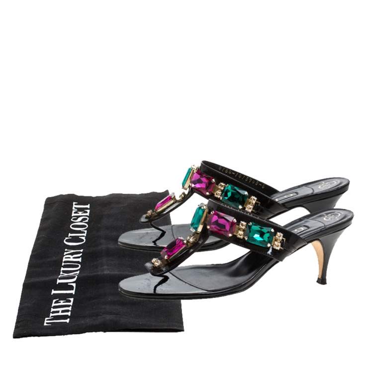 Pre Owned Gina Black Leather Crystal Embellished Slide Sandals Size 39