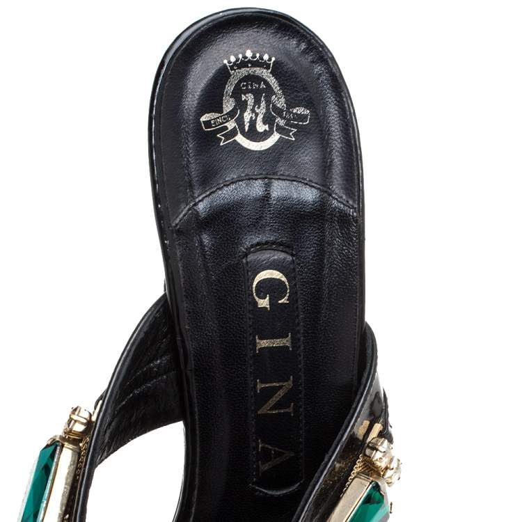 Pre Owned Gina Black Leather Crystal Embellished Slide Sandals Size 39