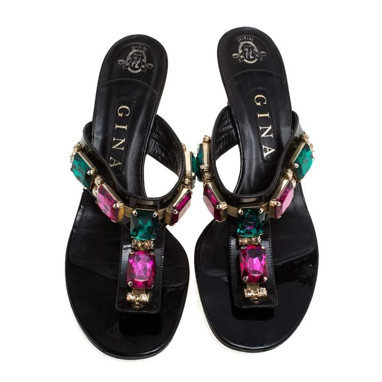Pre Owned Gina Black Leather Crystal Embellished Slide Sandals Size 39