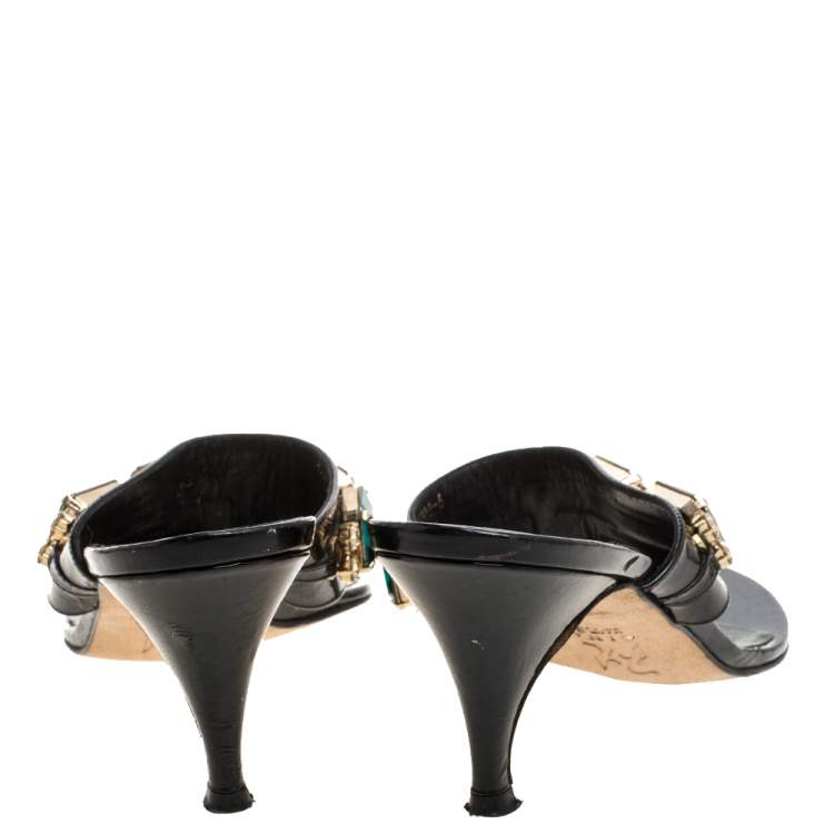 Pre Owned Gina Black Leather Crystal Embellished Slide Sandals Size 39