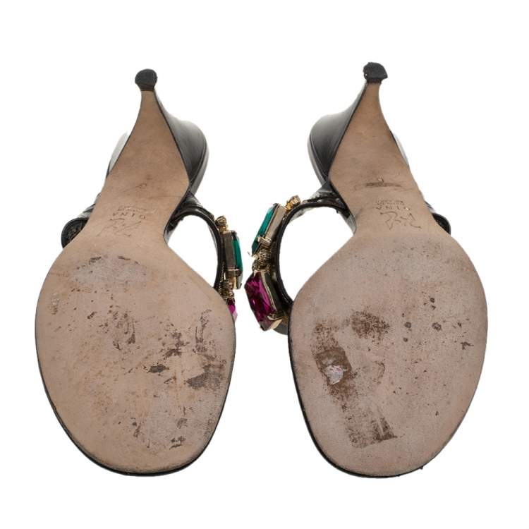 Pre Owned Gina Black Leather Crystal Embellished Slide Sandals Size 39