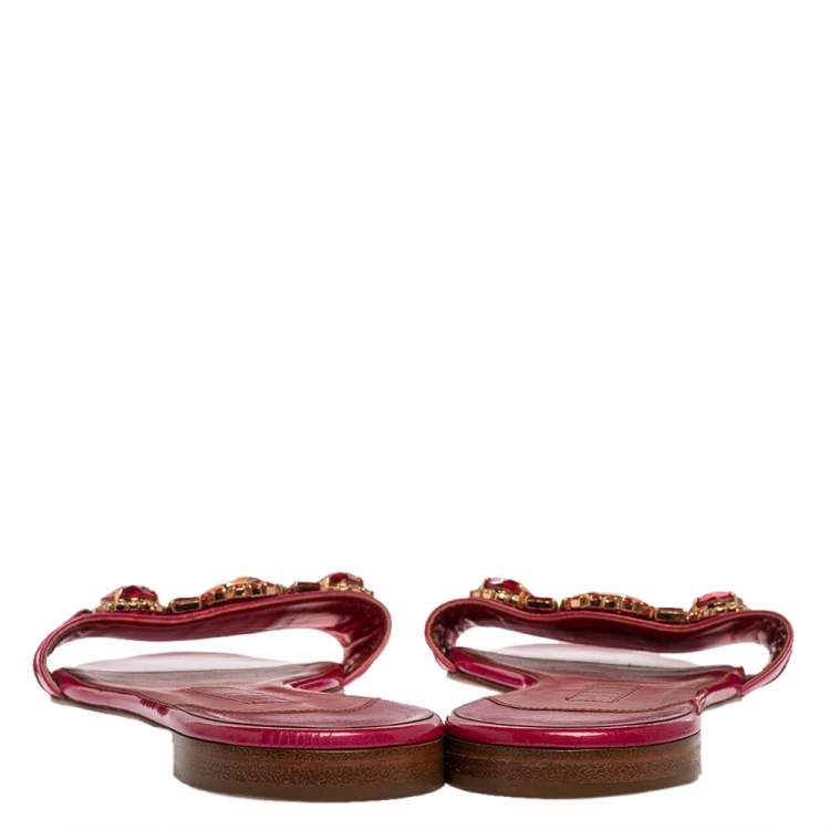 Pre Owned Gina Pink Patent Leather Crystal Embellished Flat Slides Size 41