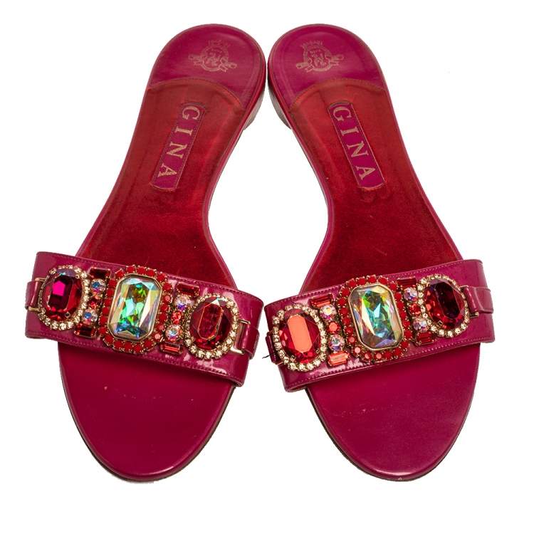 Pre Owned Gina Pink Patent Leather Crystal Embellished Flat Slides Size 41