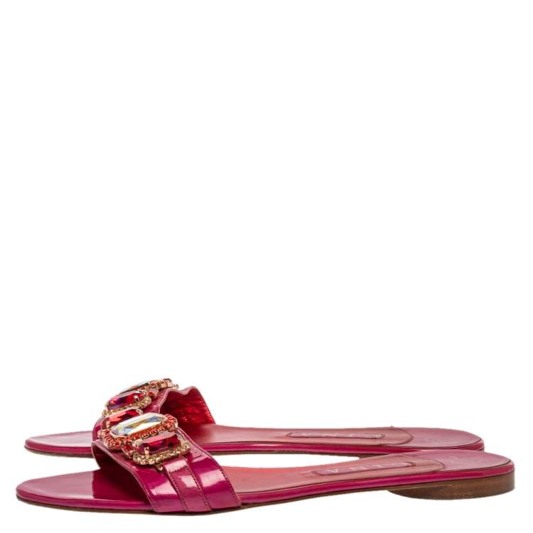 Pre Owned Gina Pink Patent Leather Crystal Embellished Flat Slides Size 41
