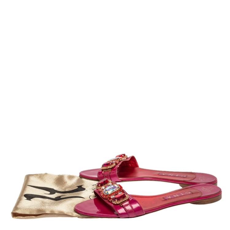 Pre Owned Gina Pink Patent Leather Crystal Embellished Flat Slides Size 41