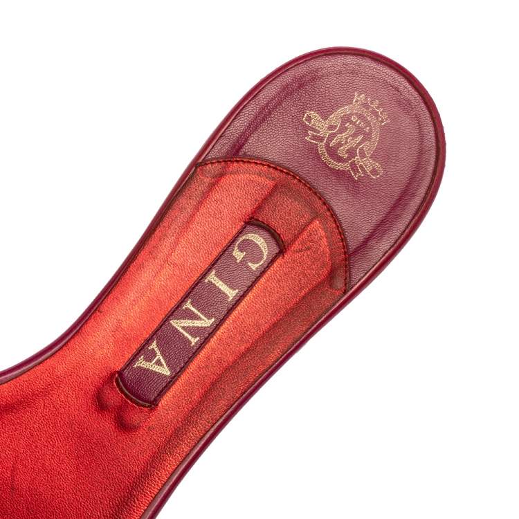 Pre Owned Gina Pink Patent Leather Crystal Embellished Flat Slides Size 41