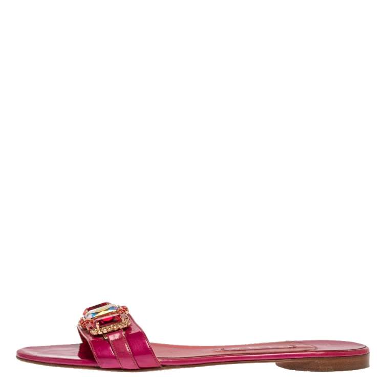 Pre Owned Gina Pink Patent Leather Crystal Embellished Flat Slides Size 41