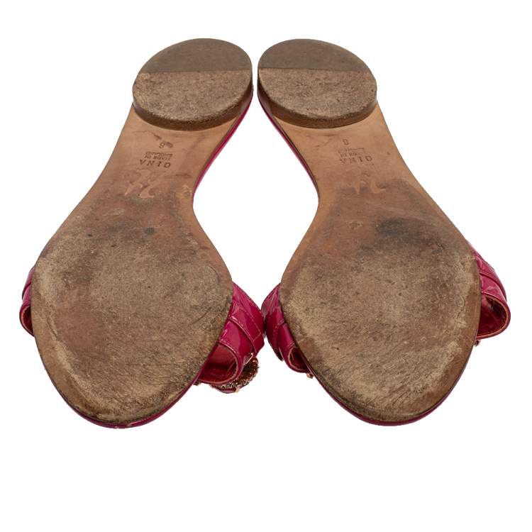 Pre Owned Gina Pink Patent Leather Crystal Embellished Flat Slides Size 41