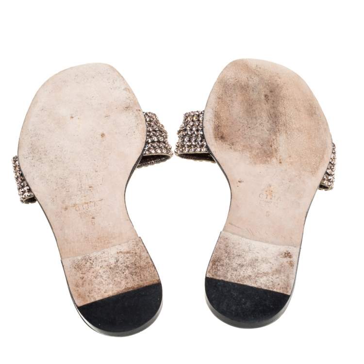 Pre Owned Gina Brown Patent Leather Crystal Embellished Thong Flat Slides Size 39