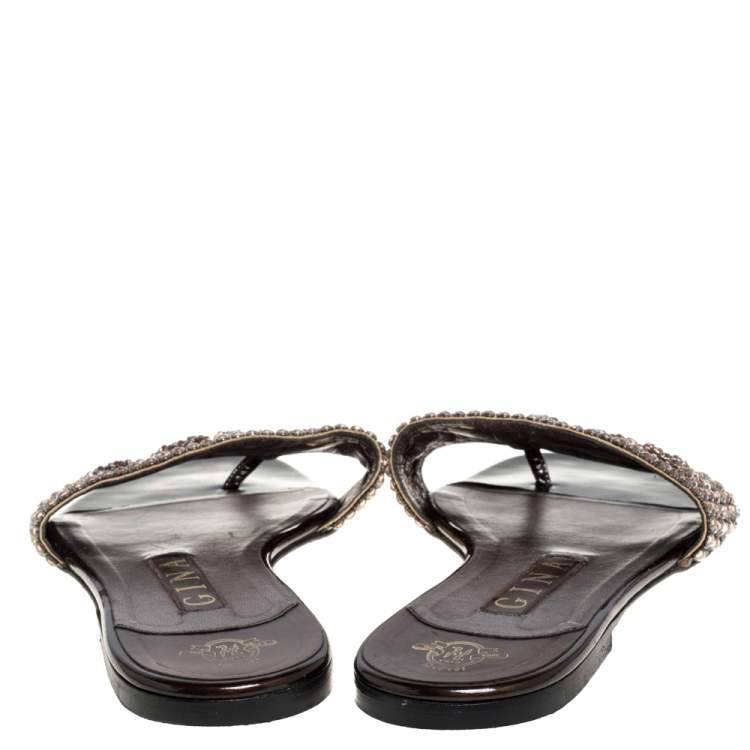 Pre Owned Gina Brown Patent Leather Crystal Embellished Thong Flat Slides Size 39