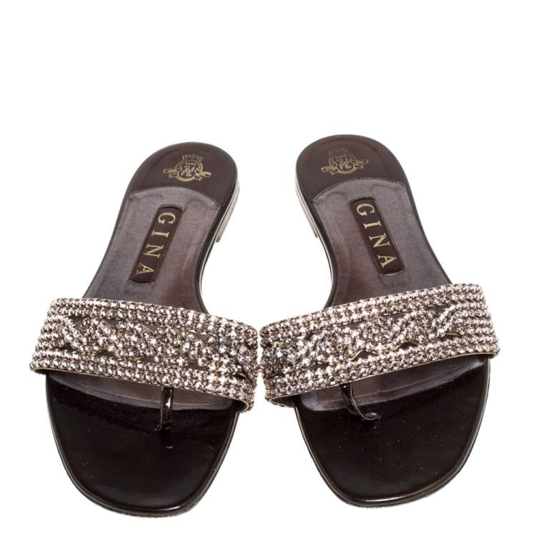 Pre Owned Gina Brown Patent Leather Crystal Embellished Thong Flat Slides Size 39