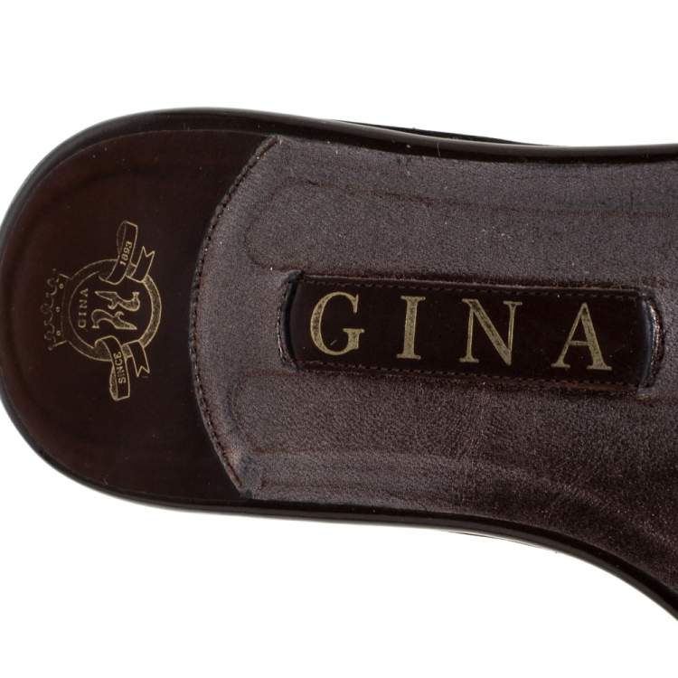 Pre Owned Gina Brown Patent Leather Crystal Embellished Thong Flat Slides Size 39