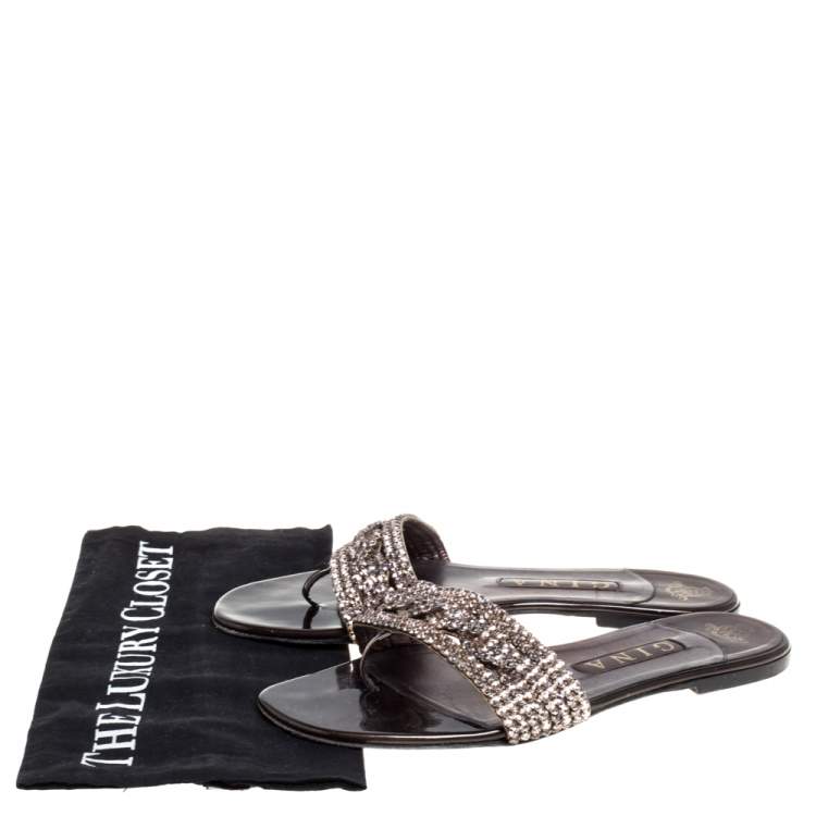 Pre Owned Gina Brown Patent Leather Crystal Embellished Thong Flat Slides Size 39