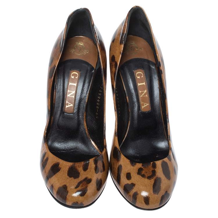 Pre Owned Gina Brown Leopard Print Patent Leather Round Toe Pumps Size 39.5