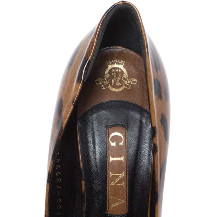Pre Owned Gina Brown Leopard Print Patent Leather Round Toe Pumps Size 39.5