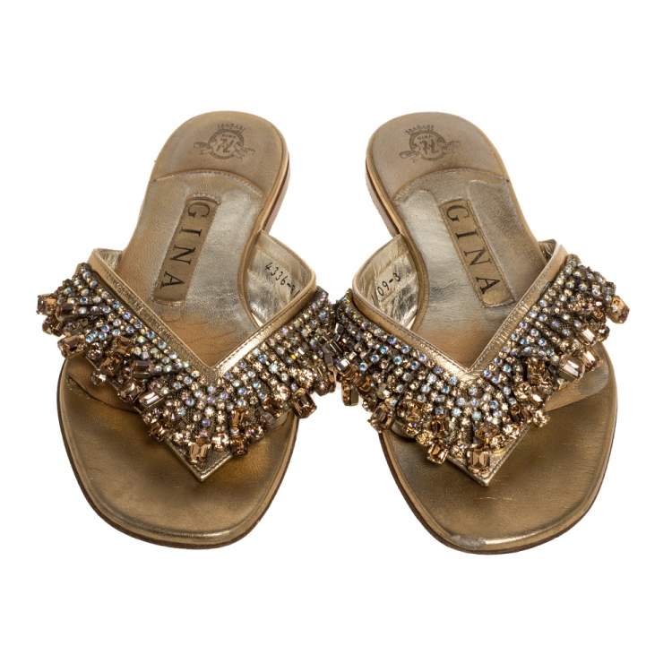 Pre Owned Gina Gold Crystal Drop Embellished Leather Thong Flats Size 36