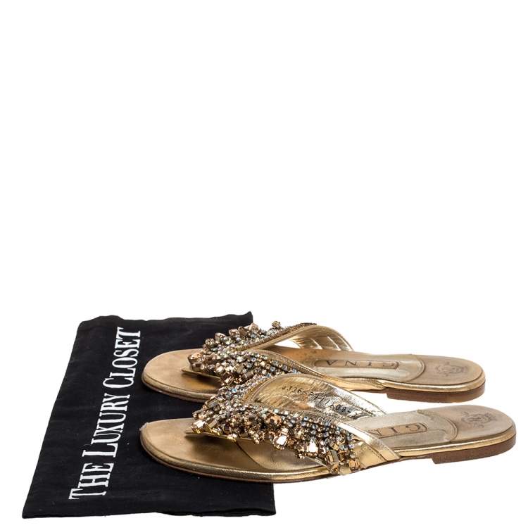 Pre Owned Gina Gold Crystal Drop Embellished Leather Thong Flats Size 36