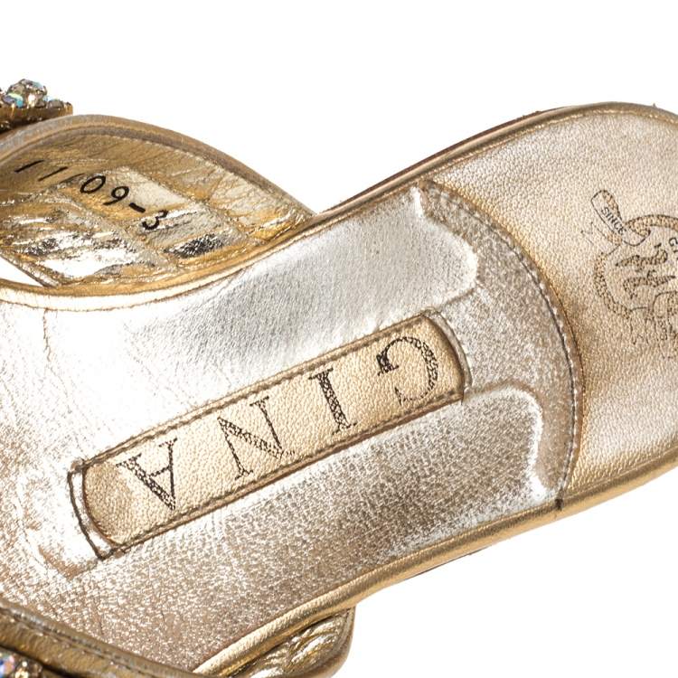 Pre Owned Gina Gold Crystal Drop Embellished Leather Thong Flats Size 36