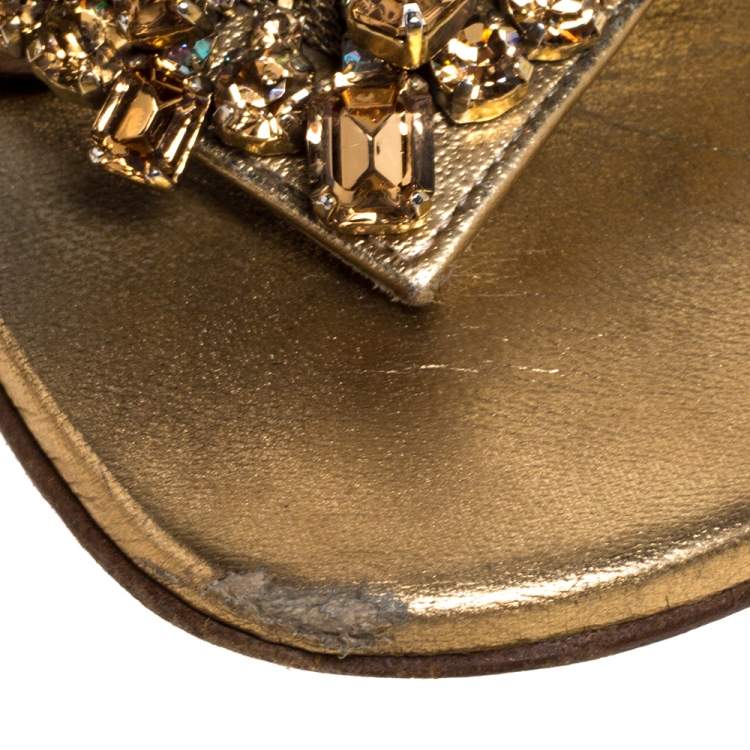Pre Owned Gina Gold Crystal Drop Embellished Leather Thong Flats Size 36