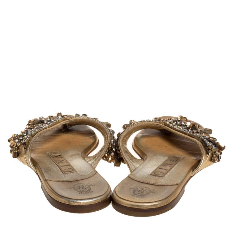 Pre Owned Gina Gold Crystal Drop Embellished Leather Thong Flats Size 36