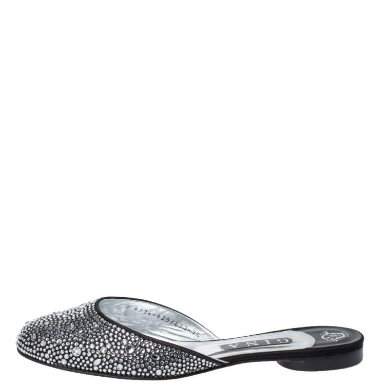 Pre Owned Gina Black Crystal Embellished Satin Flat Mules Size 40.5