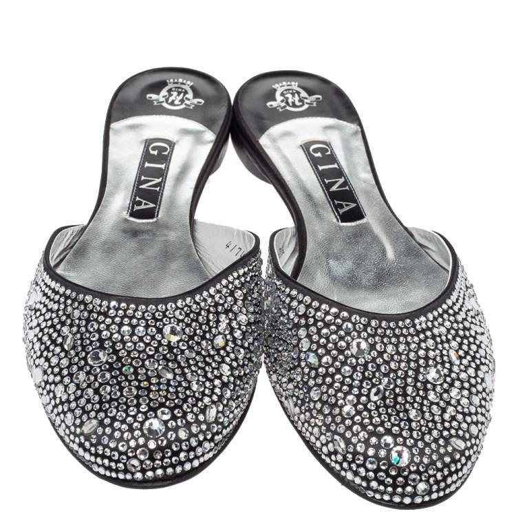 Pre Owned Gina Black Crystal Embellished Satin Flat Mules Size 40.5