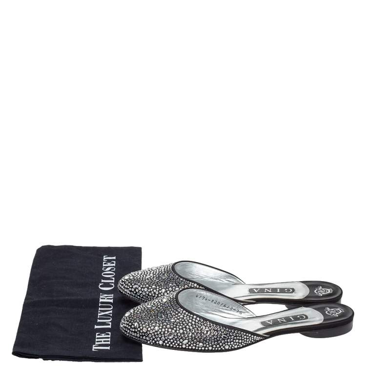 Pre Owned Gina Black Crystal Embellished Satin Flat Mules Size 40.5