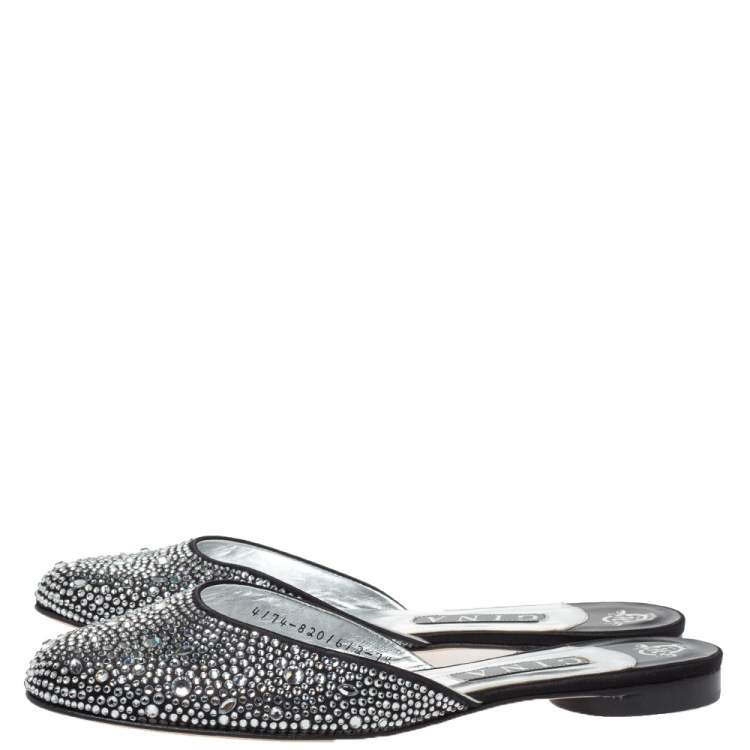 Pre Owned Gina Black Crystal Embellished Satin Flat Mules Size 40.5
