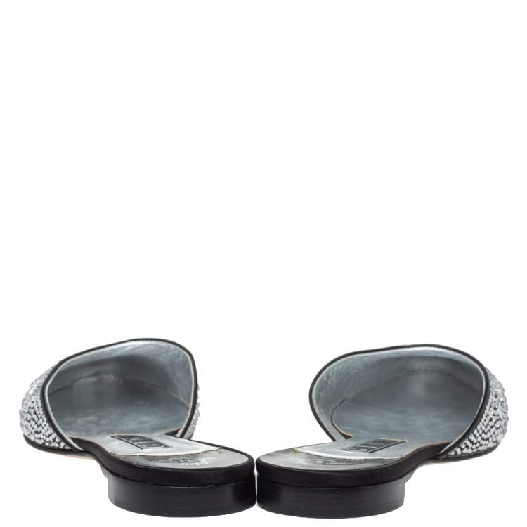 Pre Owned Gina Black Crystal Embellished Satin Flat Mules Size 40.5