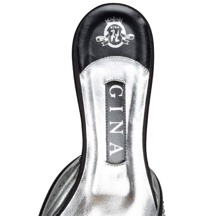 Pre Owned Gina Black Crystal Embellished Satin Flat Mules Size 40.5