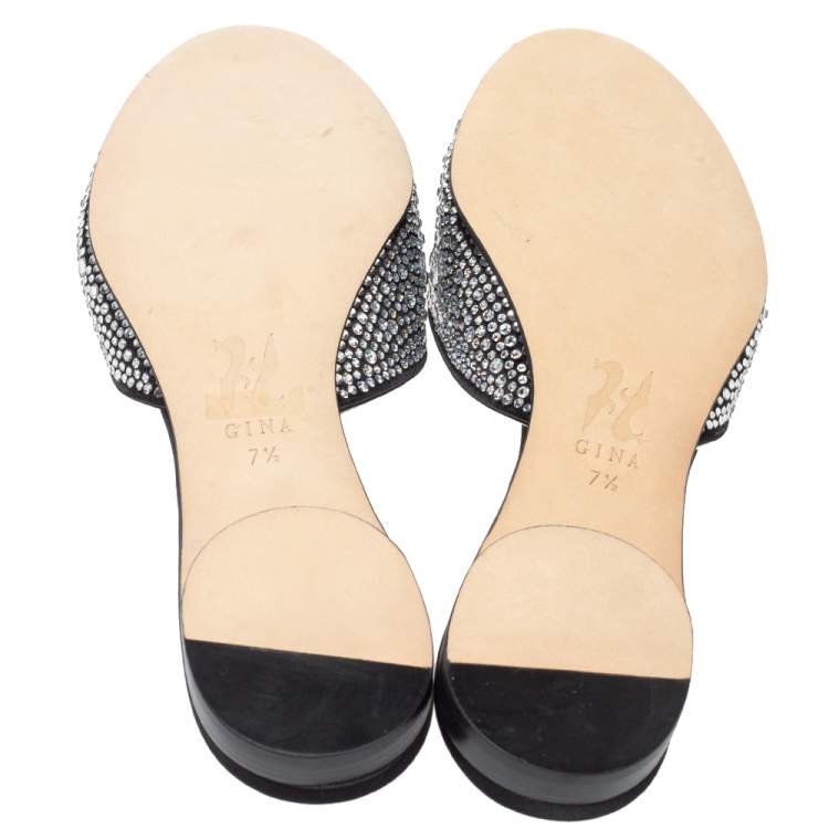 Pre Owned Gina Black Crystal Embellished Satin Flat Mules Size 40.5