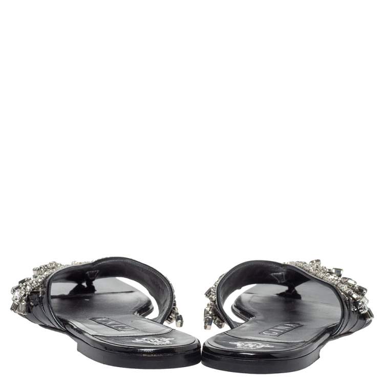 Pre Owned Gina Black Leather Crystal Embellished Thong Flats Size 40.5