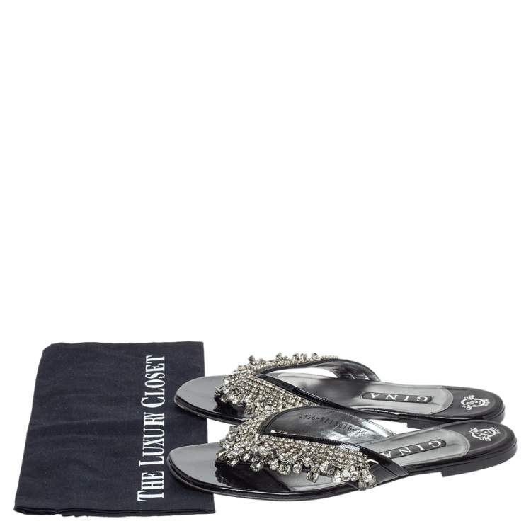 Pre Owned Gina Black Leather Crystal Embellished Thong Flats Size 40.5