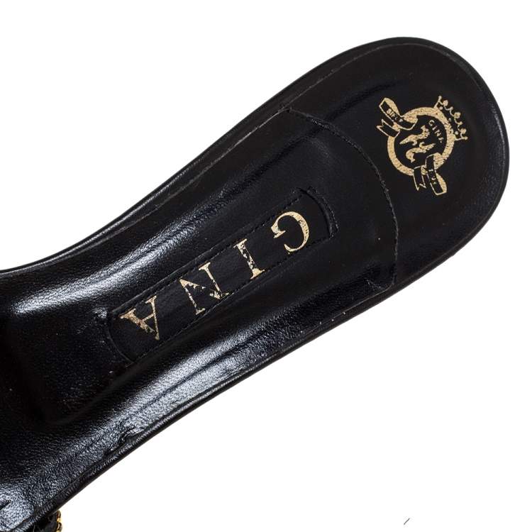 Pre Owned Gina Black Crystal Embellished Leather Knotted Sandals Size 40.5