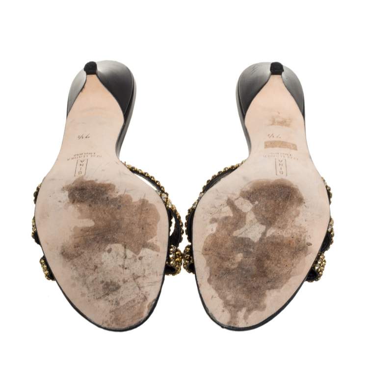 Pre Owned Gina Black Crystal Embellished Leather Knotted Sandals Size 40.5