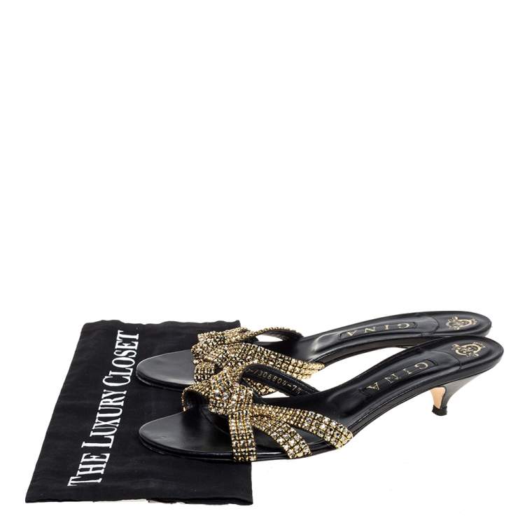 Pre Owned Gina Black Crystal Embellished Leather Knotted Sandals Size 40.5