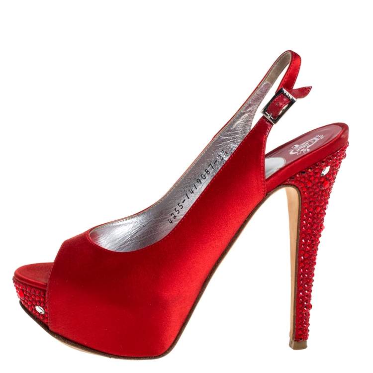 Pre Owned Gina Red Satin Crystal Embellished Platform Slingback Sandals Size 36.5